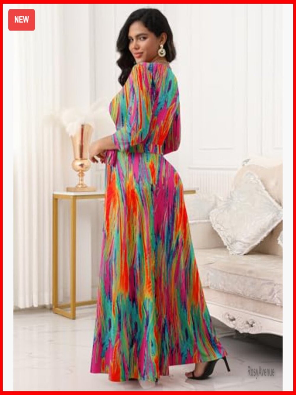 V Neck Wrap Maxi Dress with Tie Belt 3/4 Sleeve - Picture 4 of 7